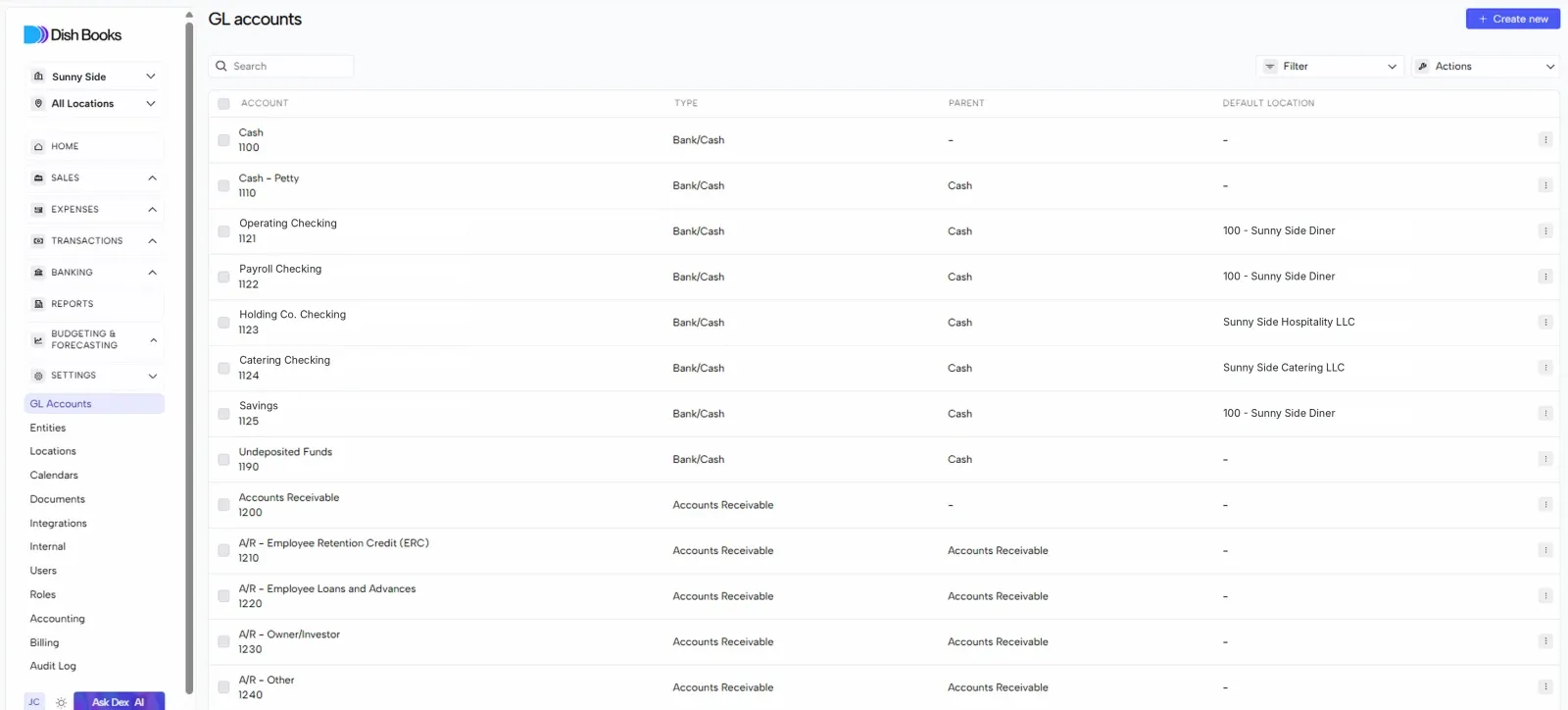 The GL Accounts list with name, number, type, parent account and default location