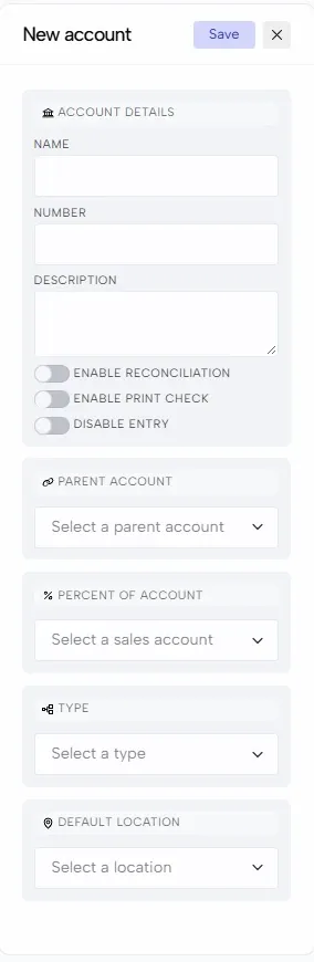 The empty New account panel with account details, parent account, percent of account, type and default location