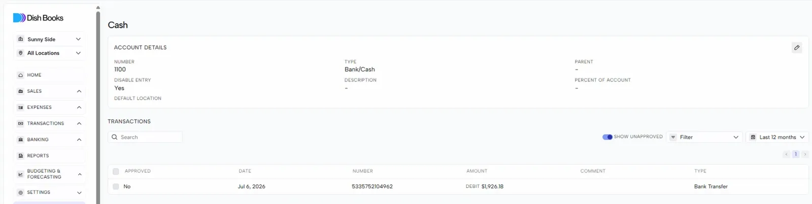 An account’s page with its details above the list of transactions posted to it