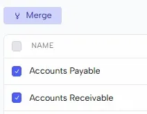 Two GL types checked with the Merge button above the list