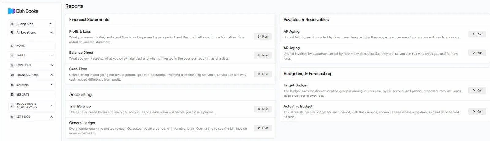 The Reports page grouping reports by category