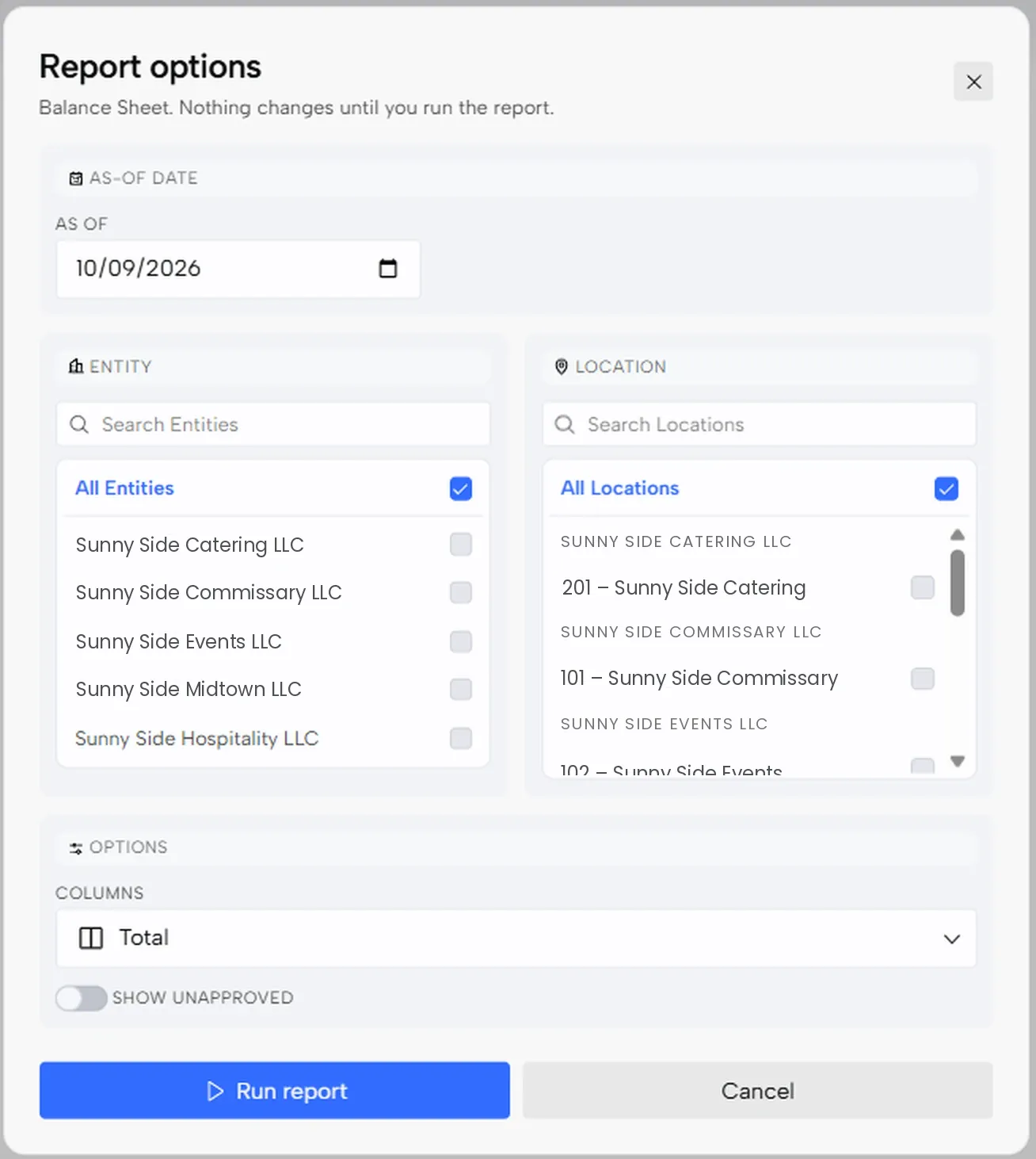 The Report options window with as-of date, entity, location and columns