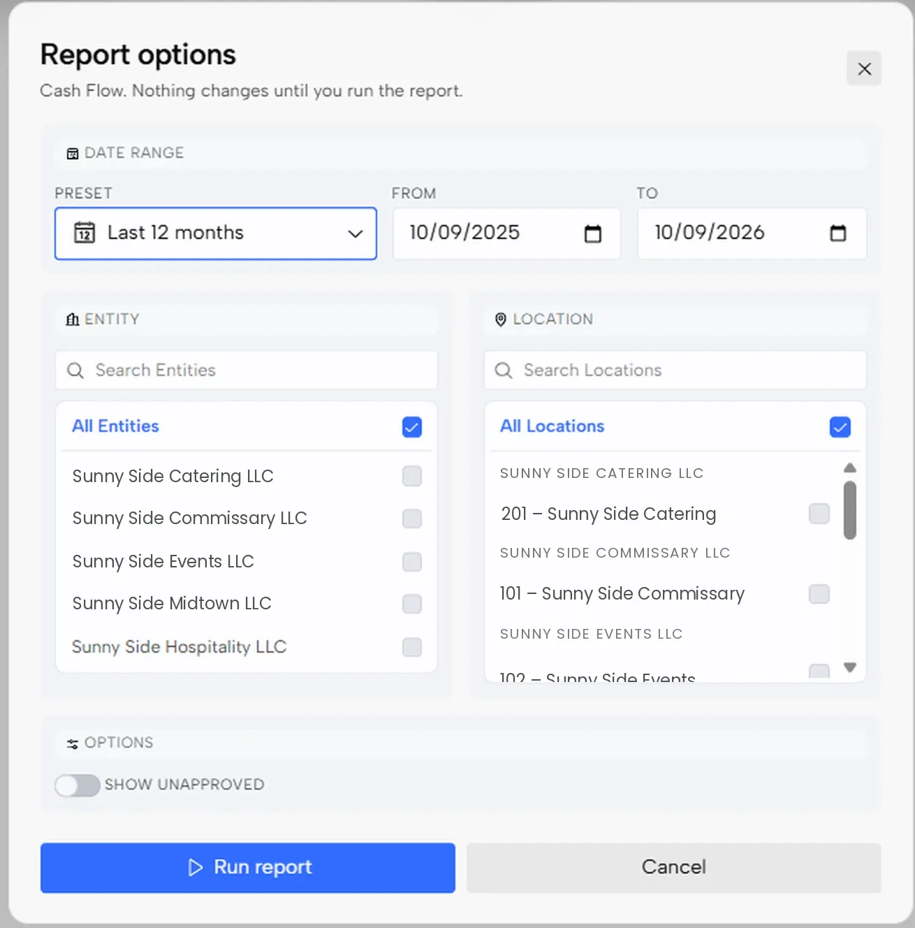 The Report options window with date range, entity and location