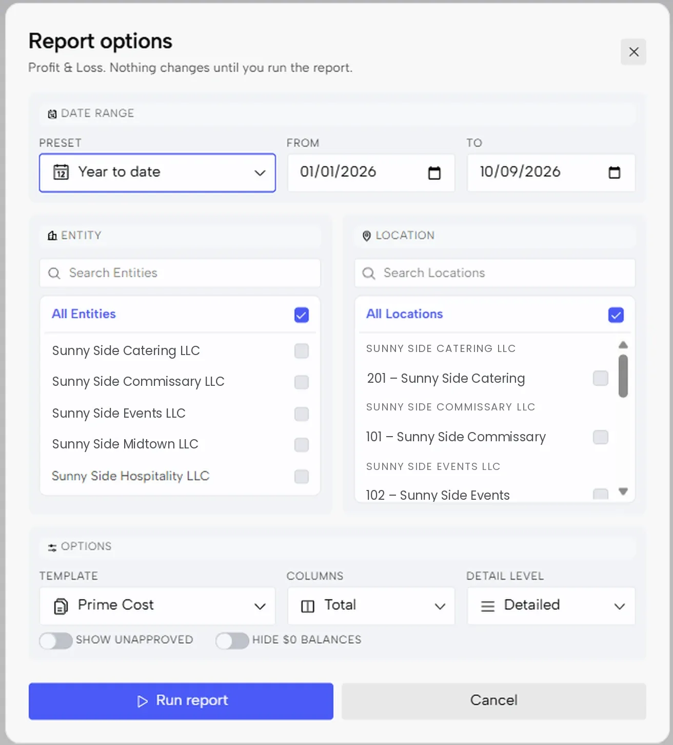 The Report options window with date range, entity, location, template, columns and detail level