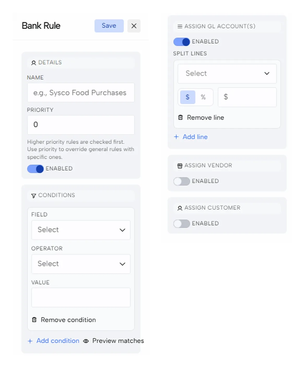 The blank Bank Rule panel with details, conditions and assignment sections