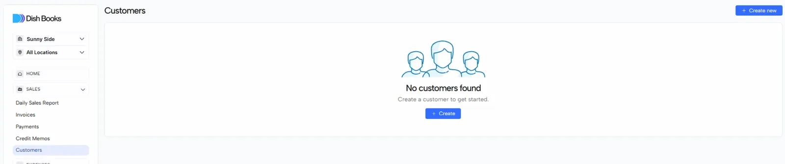 The empty Customers page with Create new and Create buttons