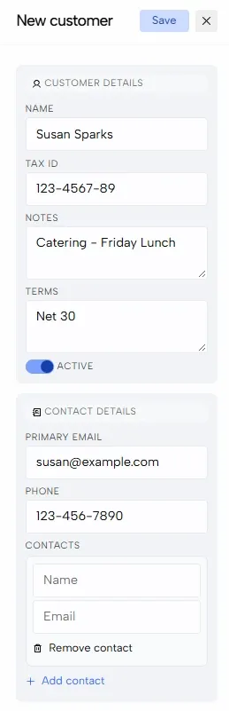 The New customer panel with customer details and contact details filled in