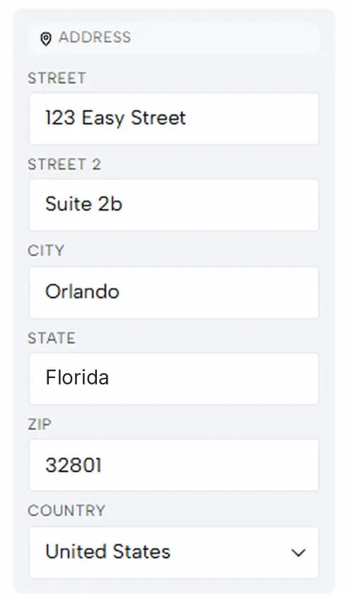 The Address section with street, city, state, ZIP and country filled in