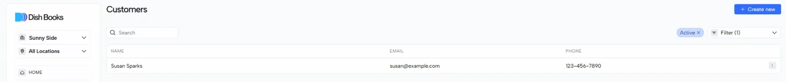 The Customers list showing the new customer with email and phone