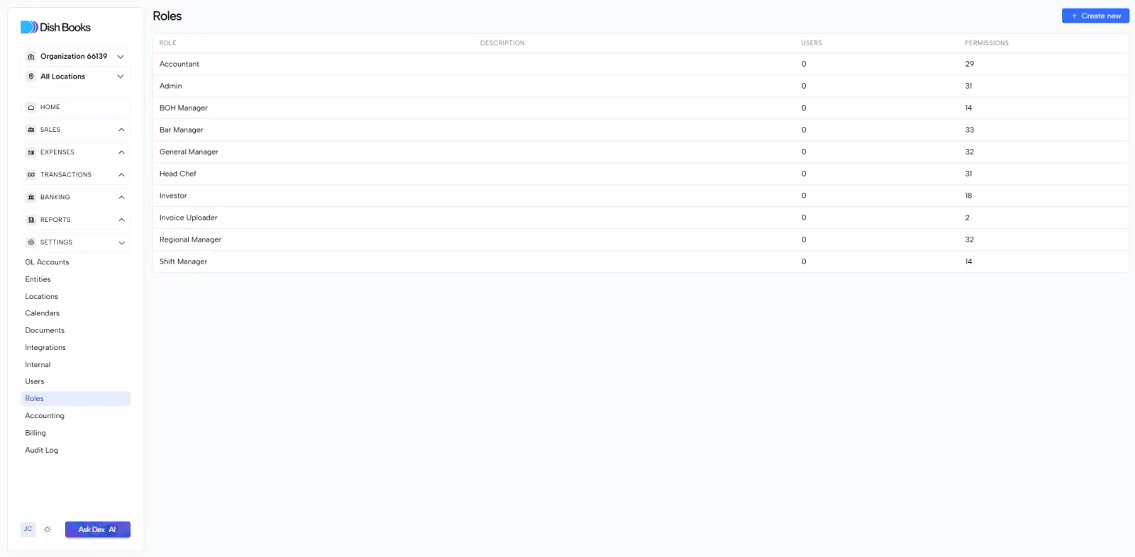 The Roles list showing each role, its user count and its permission count