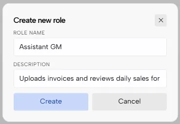 The Create new role dialog with a role name and description filled in