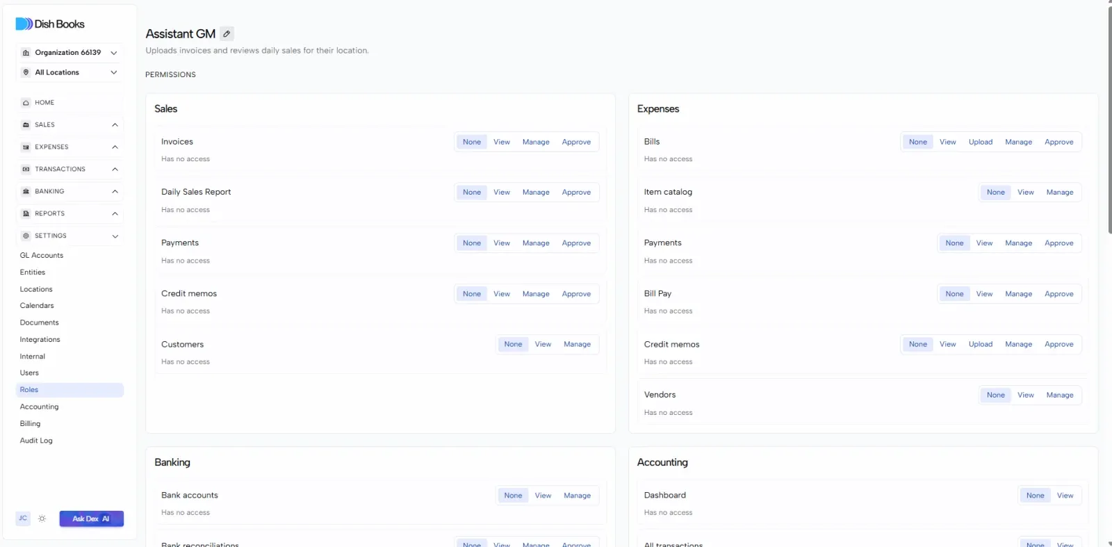A new role’s page with every permission set to None