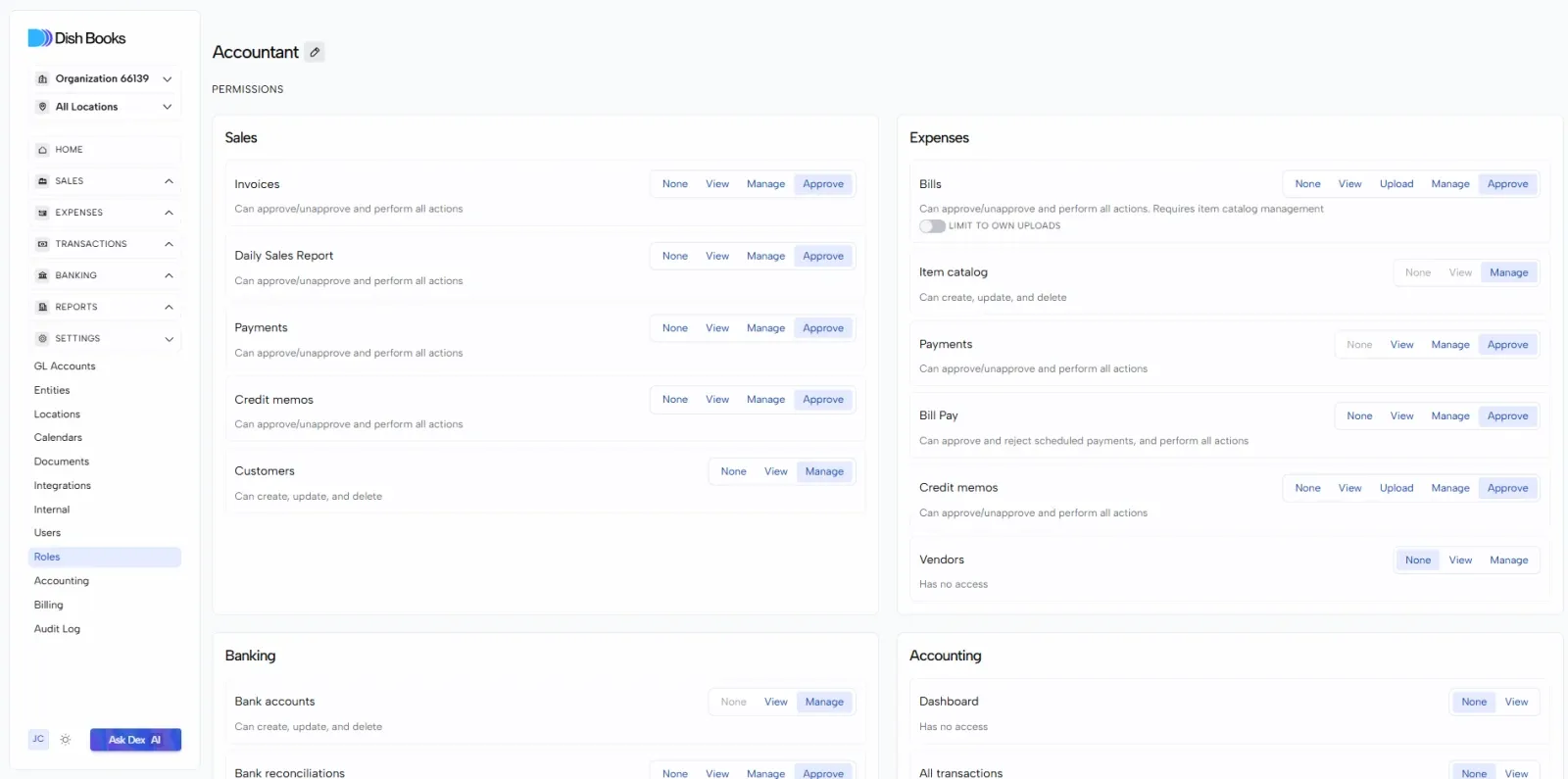 A role’s permissions with access levels selected for each item