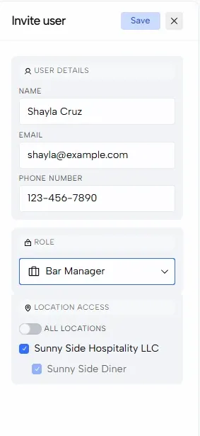 The Invite user panel with name, email, phone, role and location access filled in