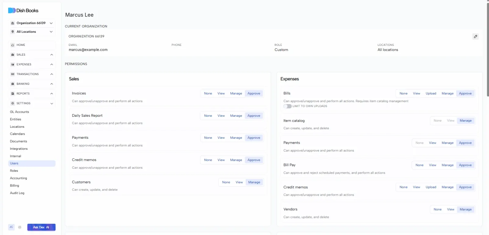 A user’s page showing their details and permissions
