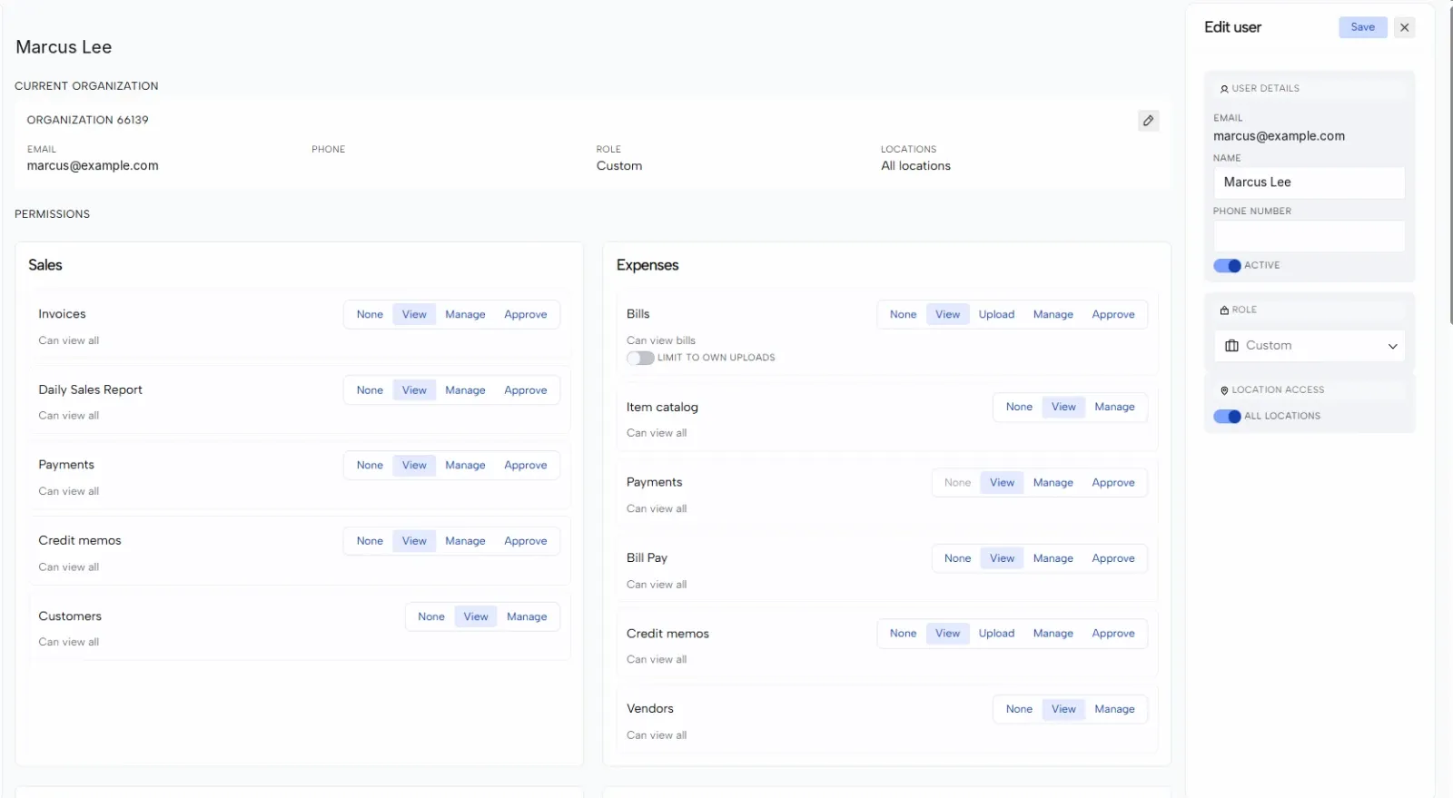 The Edit user panel open beside a user’s permissions