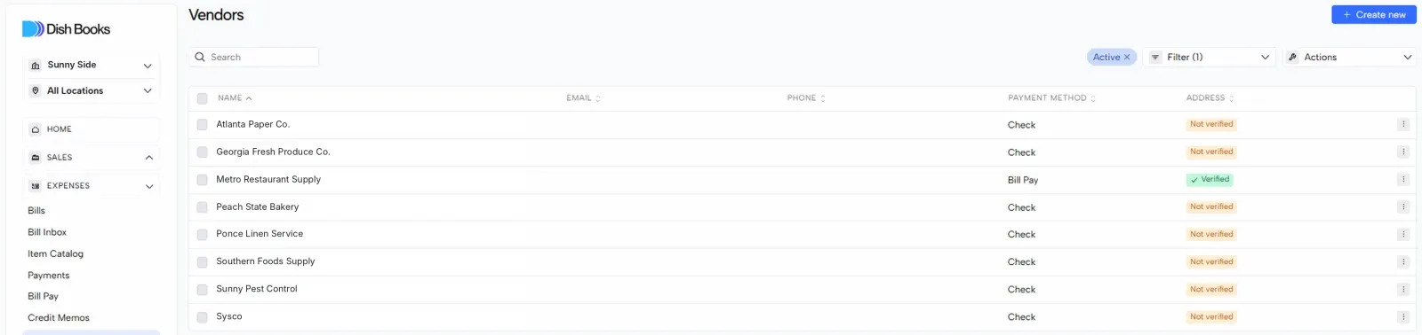The Vendors list with email, phone, payment method and address status
