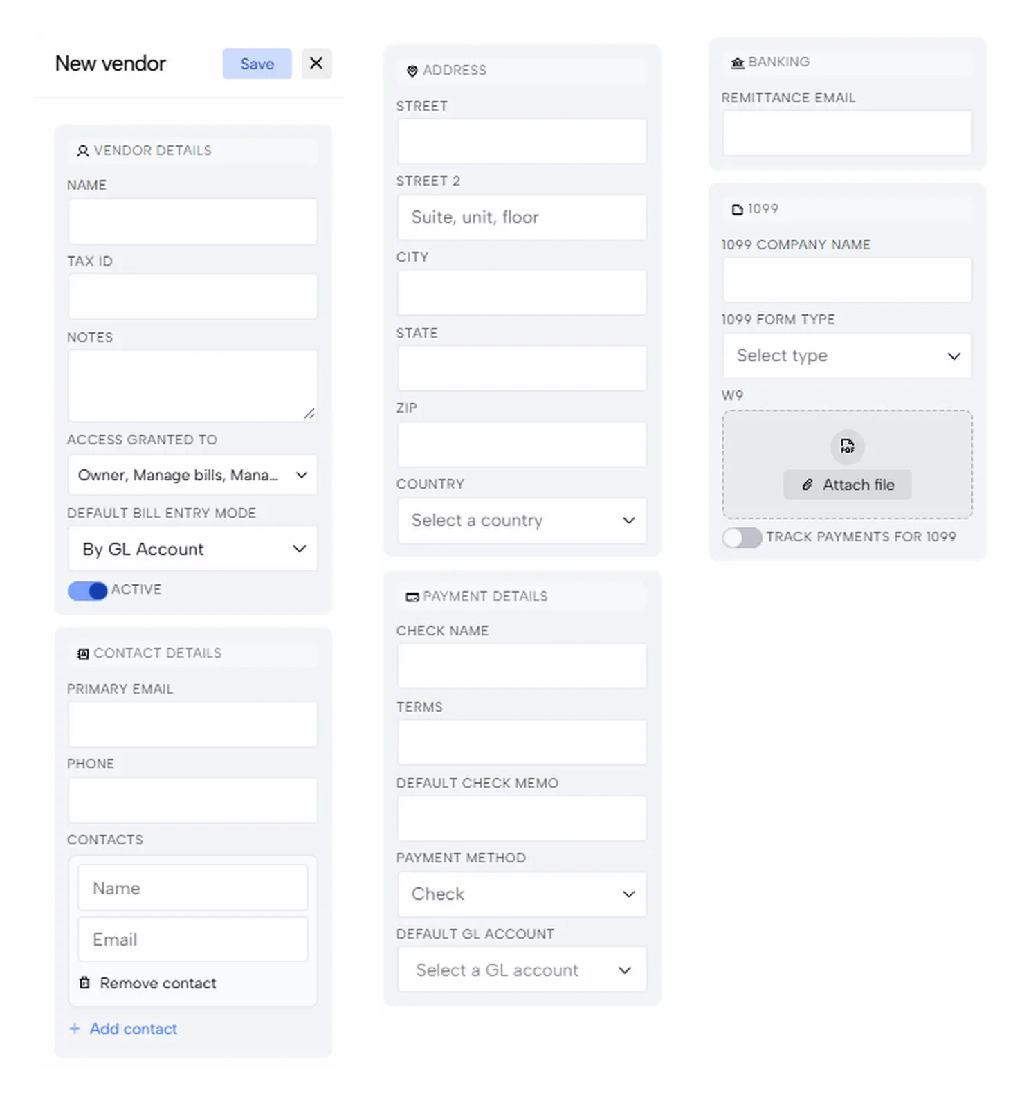 The New vendor panel with vendor, contact, address, payment, banking and 1099 sections