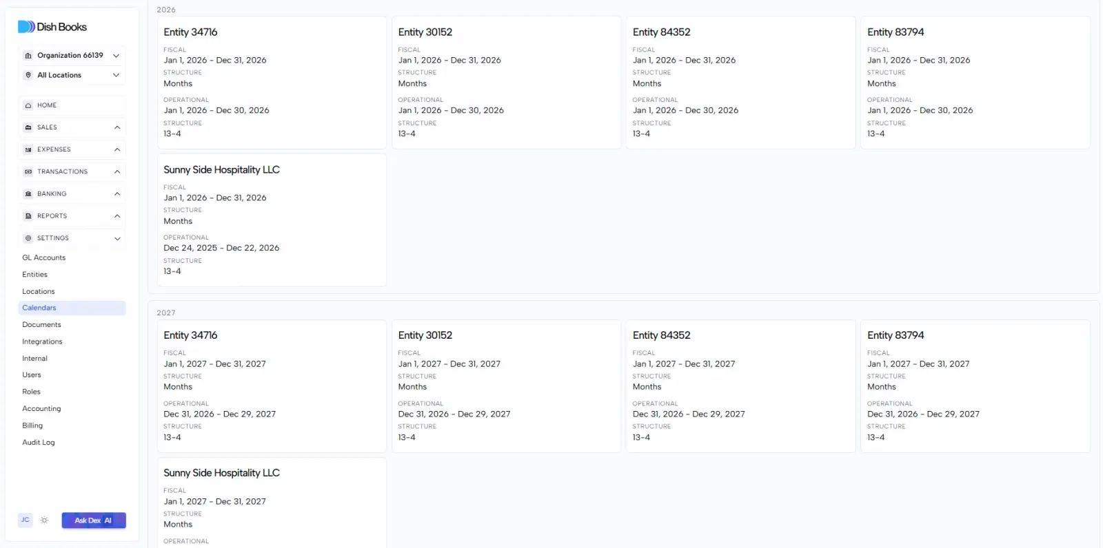 The Calendars page with a card for each entity, grouped by year