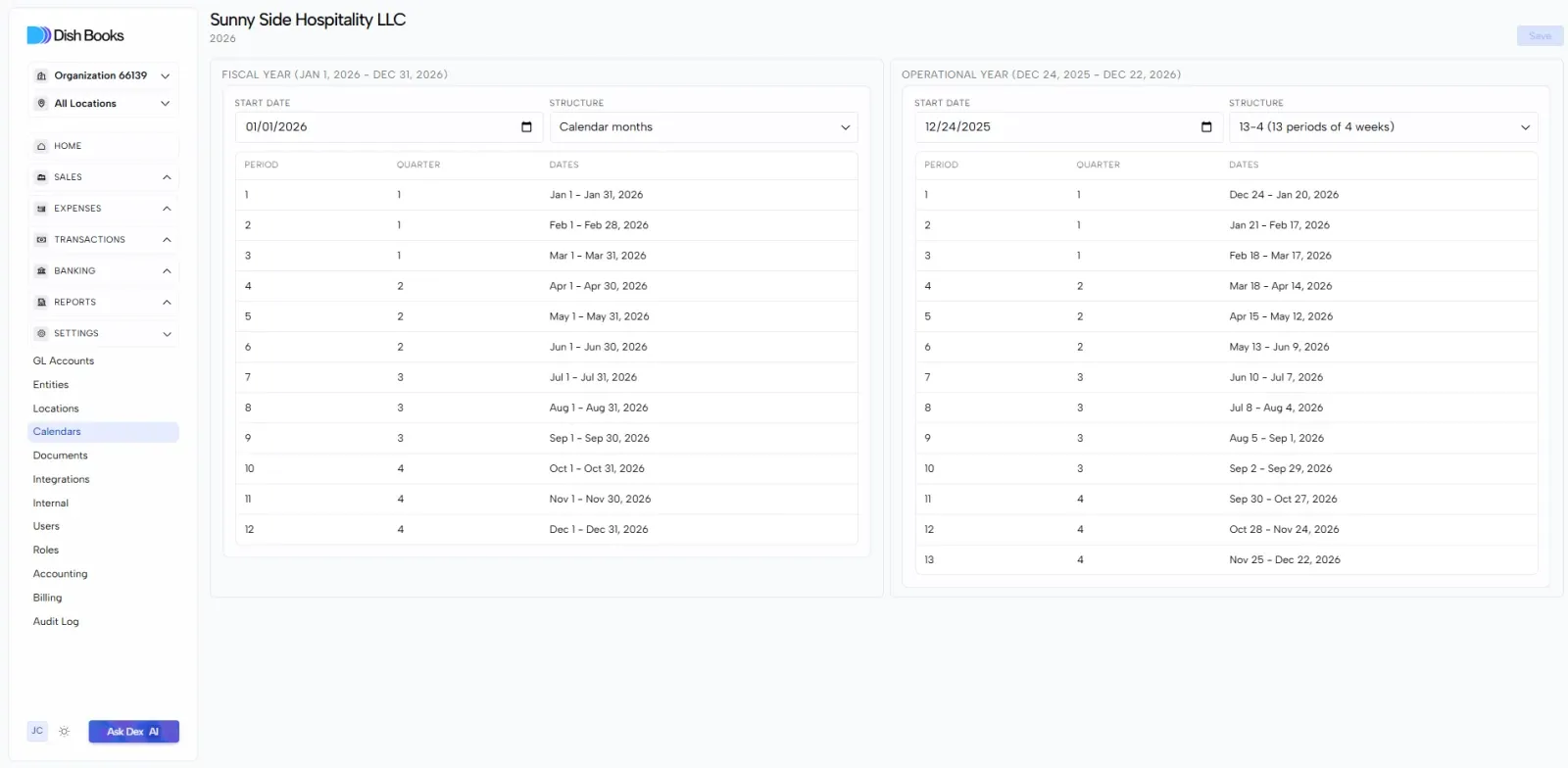 The calendar editor with fiscal and operational years side by side and their period tables