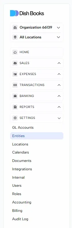 The left menu with Settings expanded and Entities highlighted