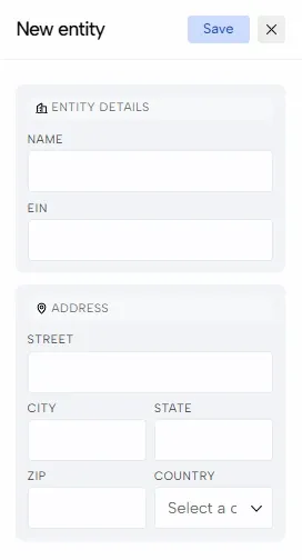 The empty New entity panel with entity details and address fields