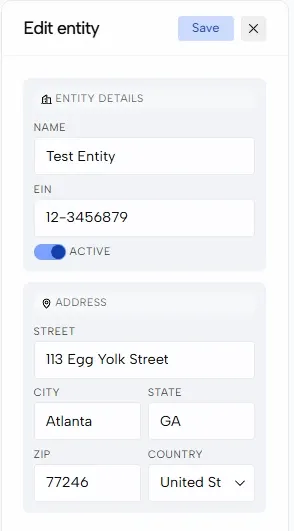 The Edit entity panel with the Active toggle on