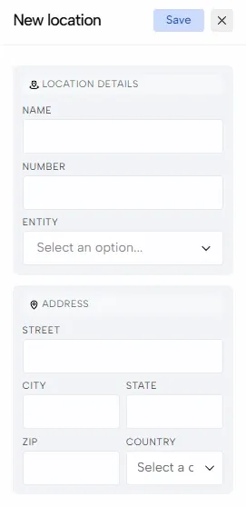 The empty New location panel with name, number, entity and address fields