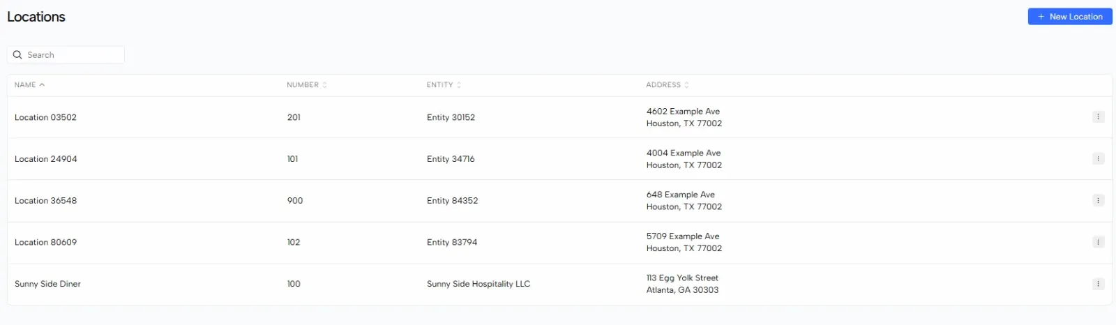 The Locations list showing name, number, entity and address for each location